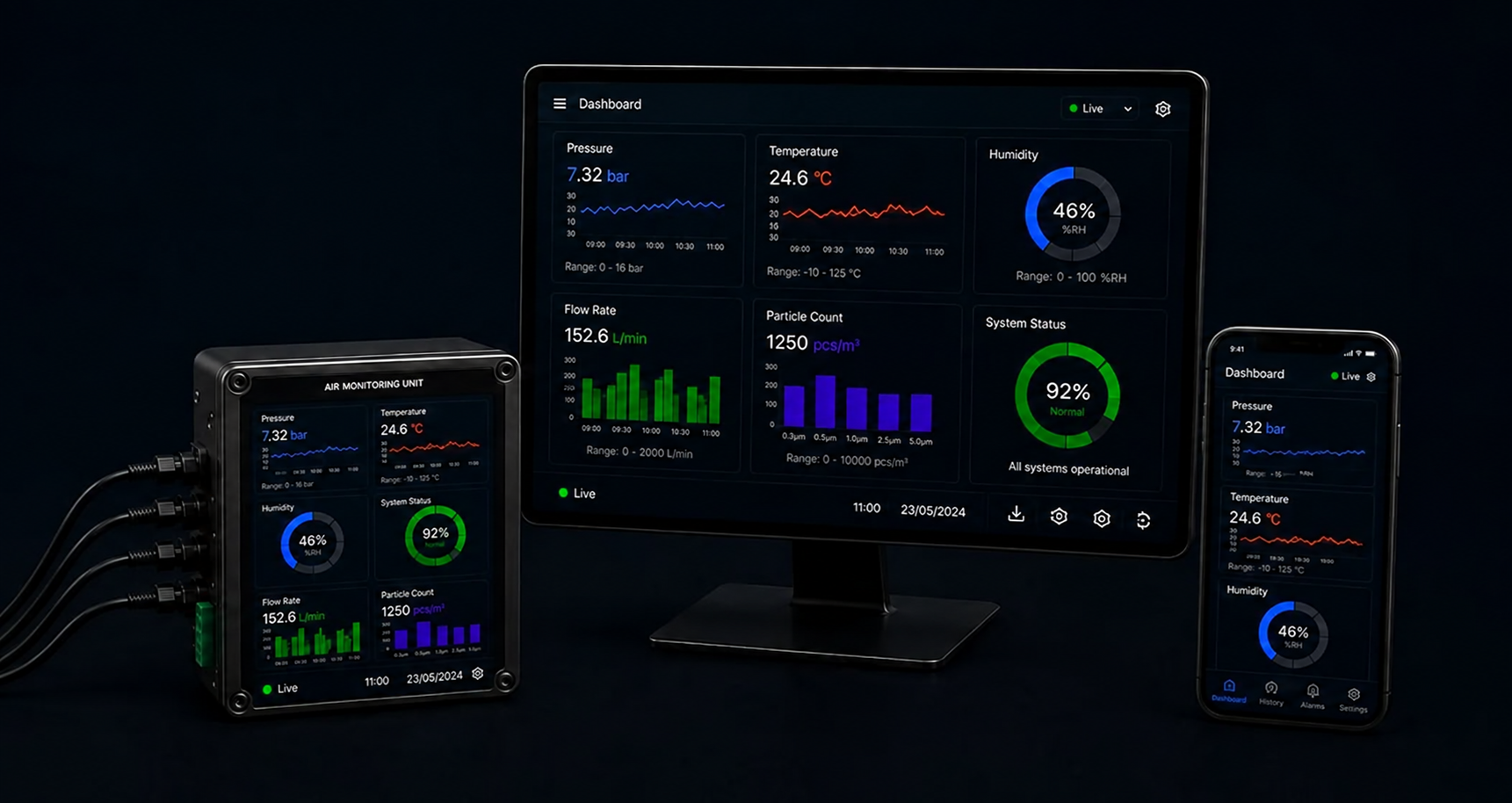 Illustrative embedded dashboard on a monitoring device, desktop screen and phone